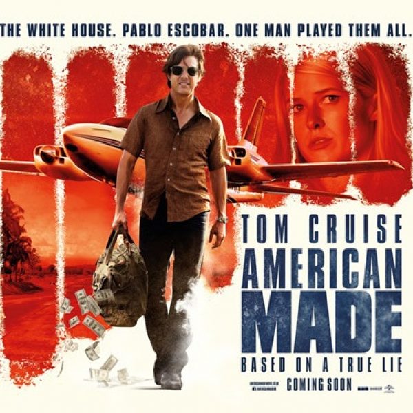 Tom Cruise walks away from an airplane, carrying a bag of money that is spilling out. The White House, Pablo Escobar, One Man Player. Tom Cruise - American Made - Based on a true lie.