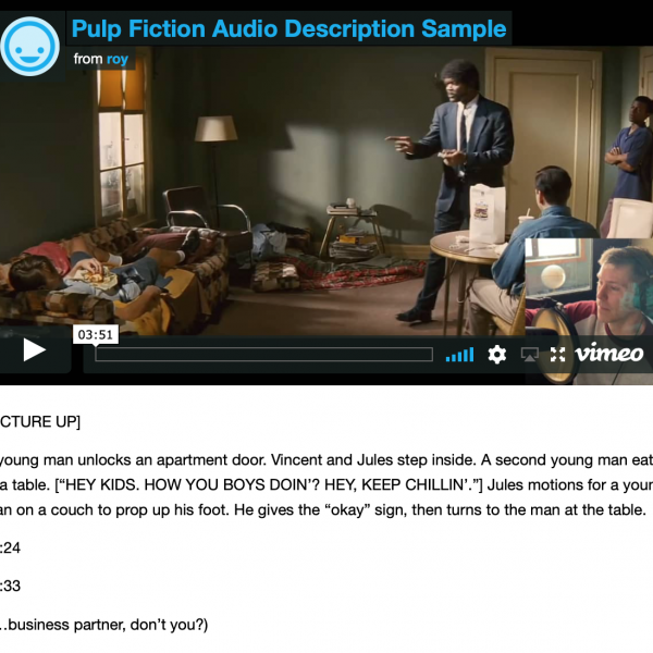 Vimeo video and script for Pulp Fiction audio description sample