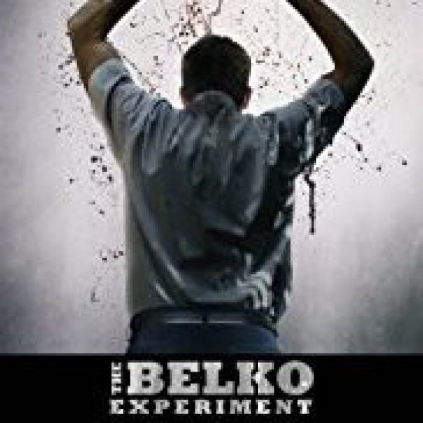 The Belko Experiment showing the back of a man with his hands over his head and drops of blood falling down from them