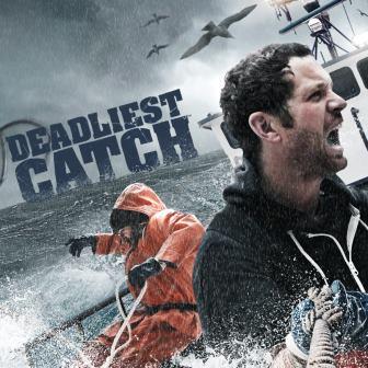Deadliest Catch showing fisherman battling the sea on board their ship with seagulls overhead
