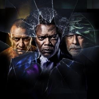 Glass stars James McAvoy, Samuel L. Jackson and Bruce Willis looking ominous behind a broken pane of glass