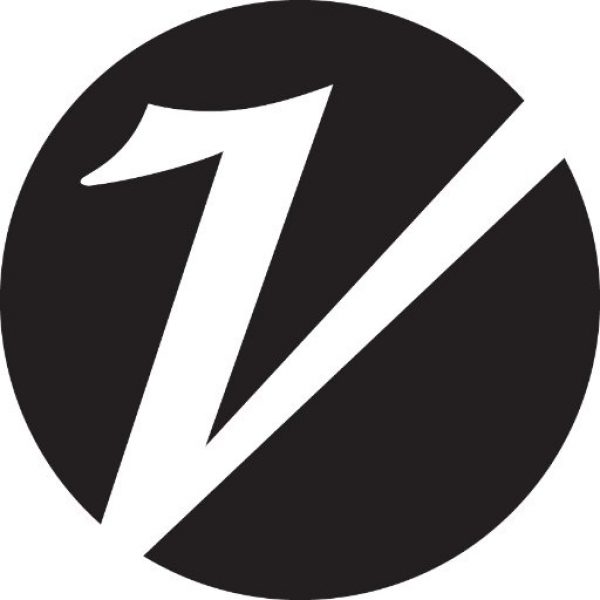 a slanted letter "V" within a black circle