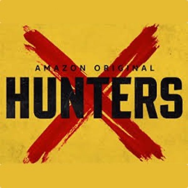 A yellow background with a bloodied letter X crossing out the words "Amazon Original HUNTERS"