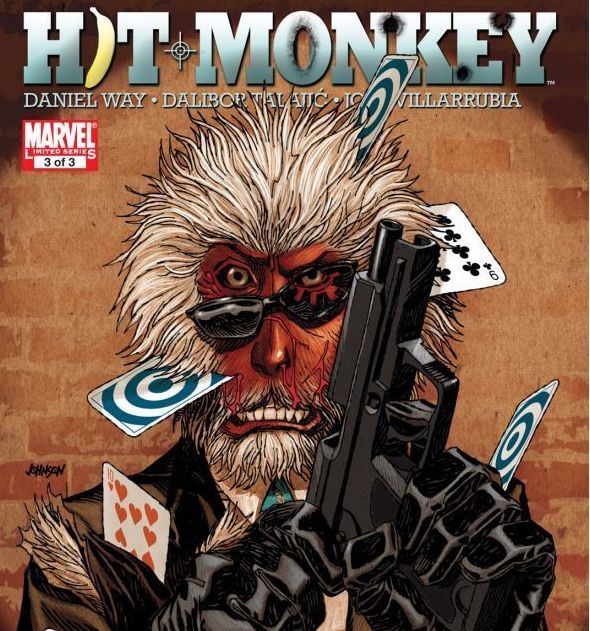 Disheveled monkey below title with gun and playing cards.