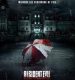 Red and white umbrella open in front of an scary mansion: Title below
