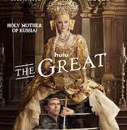Holy Mother of Russia sitting on a throne with a man sitting underneath her with a stick in front of the title