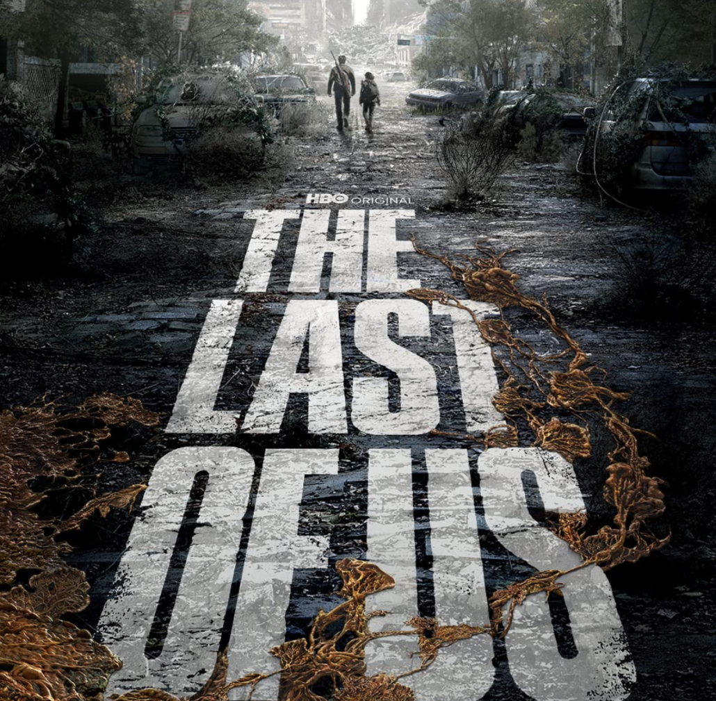 The title The Last Of Us text appears on a road with two people walking in the distance.